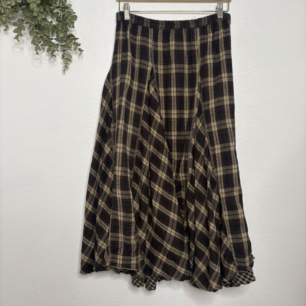 Reversible Gingham Plaid Maxi Skirt Black Tan Elastic Waist Boho - Picture 7 of 7